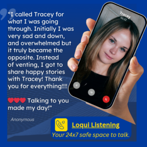 A close-up, warm-toned photo of a person’s hands holding a smartphone while using the Loqui app to talk to a Listener named Tracey.
