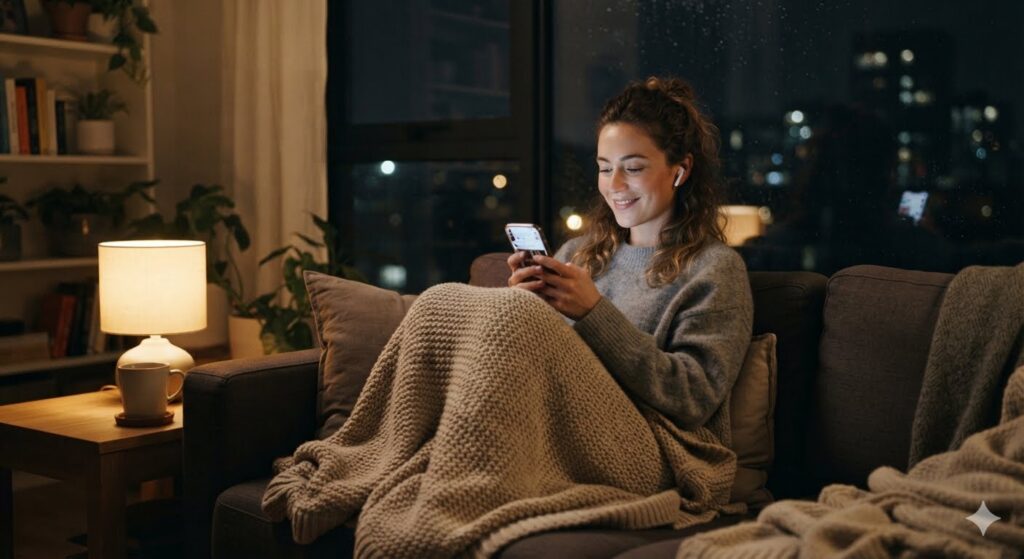 Woman wrapped in a warm blanket smiling while talking on her phone on a comfortable couch in a cozy living room.