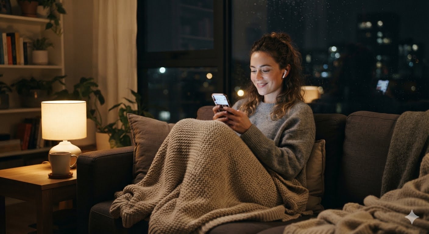 Woman wrapped in a warm blanket smiling while talking on her phone on a comfortable couch in a cozy living room.