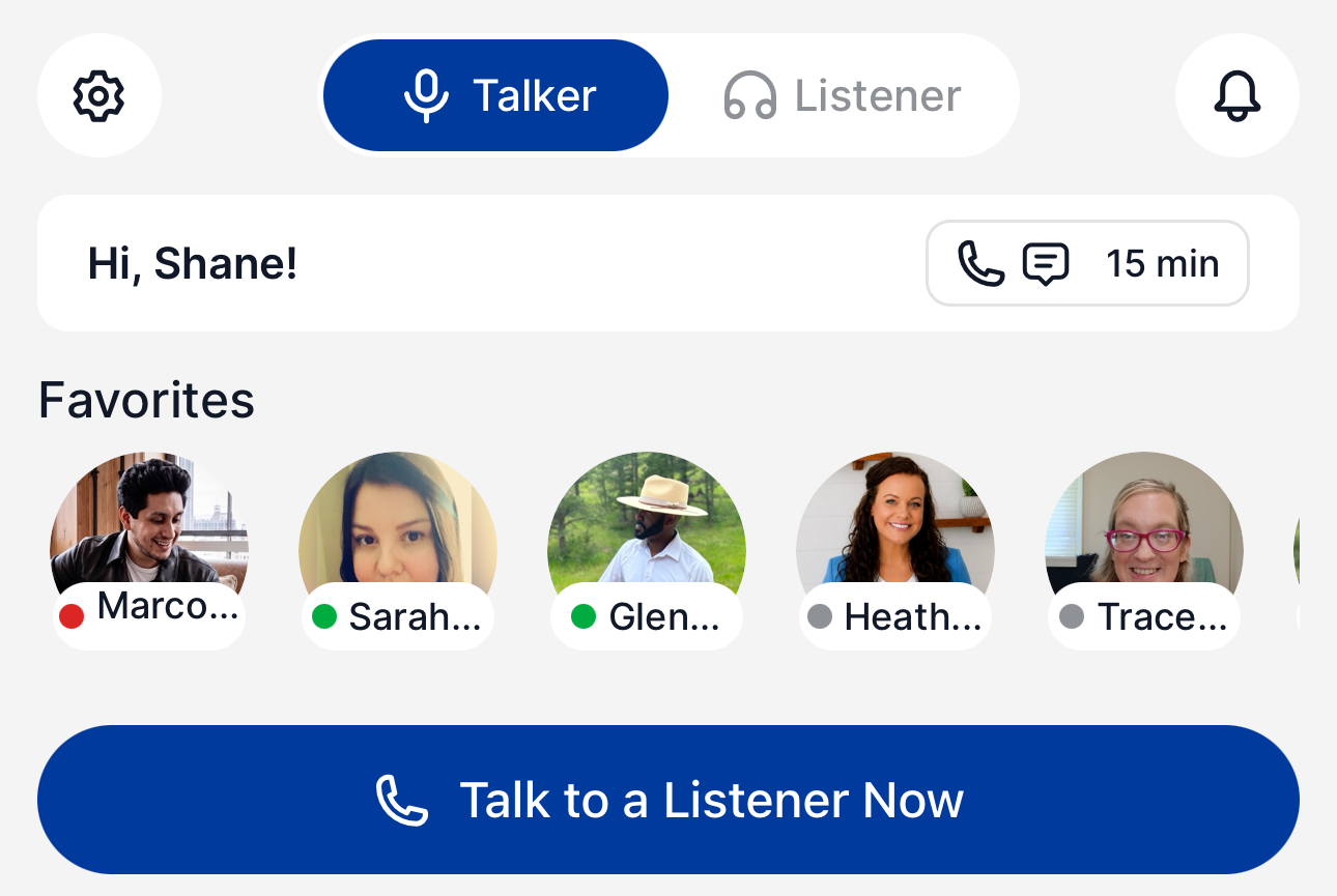 Collage of diverse, friendly, and smiling people representing real and caring peer listeners on the Loqui app.