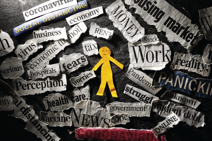 A simple stick figure covers its ears as a swirling, stressful cloud of red and white text words floats directly above its head, including terms like STRESS, MONEY, TAXES, FEAR, WORK, and RELATIONSHIPS. The scene shows the path behind the figure cracked and shadowed, leading toward a clean, open path ahead. The blog title is visible at the bottom of the image.