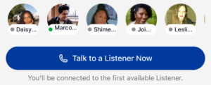 A collage of five real Loqui Listener profile cards showing authentic faces, ratings, bios, and audio intros for anonymous emotional support.