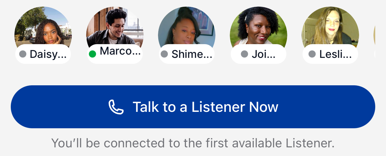 A collage of five real Loqui Listener profile cards showing authentic faces, ratings, bios, and audio intros for anonymous emotional support.