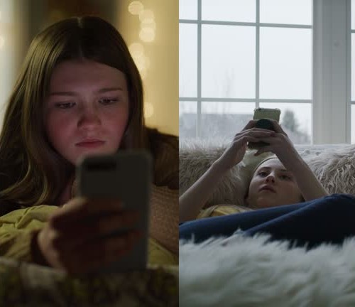 An illustration of two people talking on their phones in quiet, late-night settings, connected by a soft glowing audio line representing anonymous emotional support.