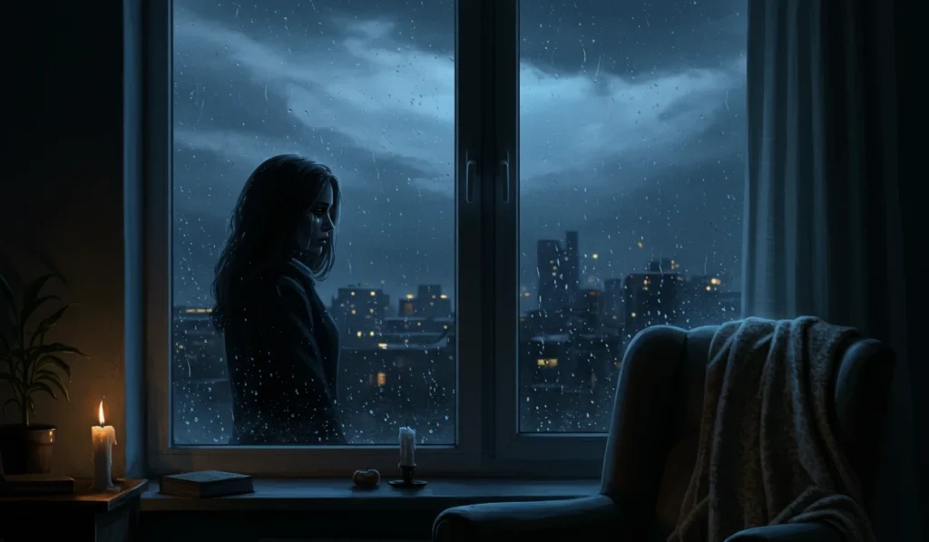 A melancholic profile of a woman looking out a large window at a rainy city skyline at night. The room is dimly lit by a single burning candle on the left, with an armchair and blanket in the right foreground, casting a cozy yet contemplative, late-night mood.